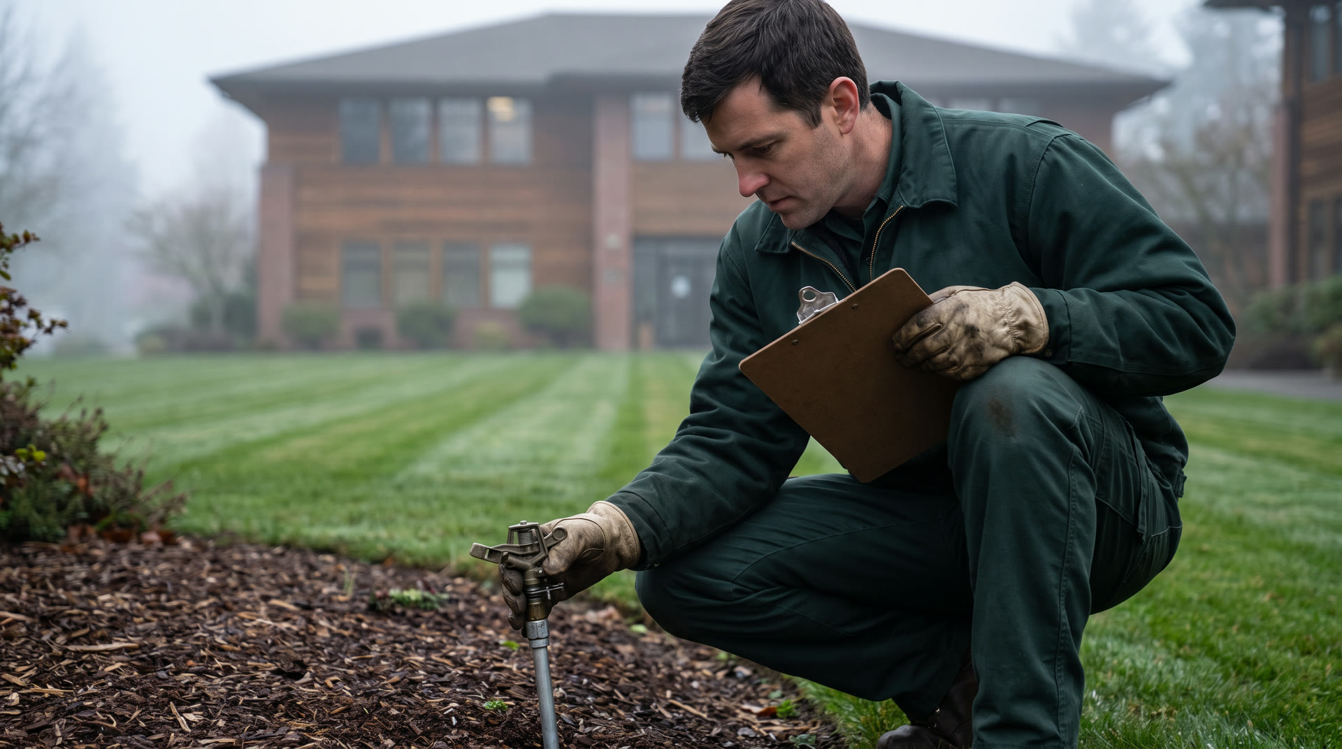 A ManageMowed account manager crouches at a planting bed inspecting an irrigation head during a Property Score walk-through