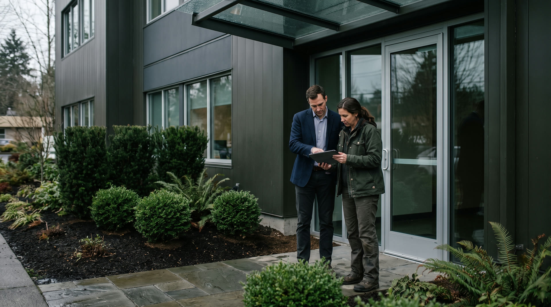 A facility manager and a ManageMowed account manager review a photo report together at a commercial building entrance