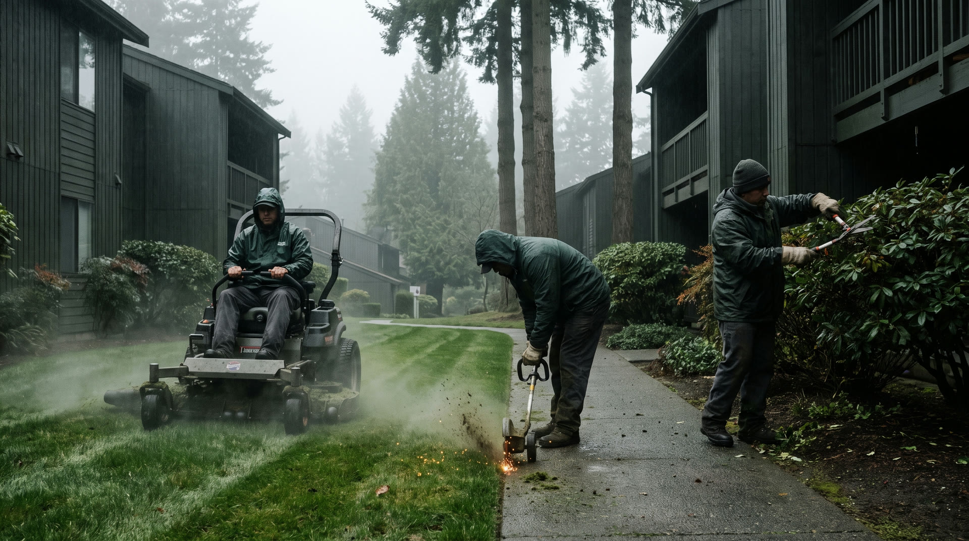 A ManageMowed local team mows, edges, and prunes a misty Pacific Northwest office park