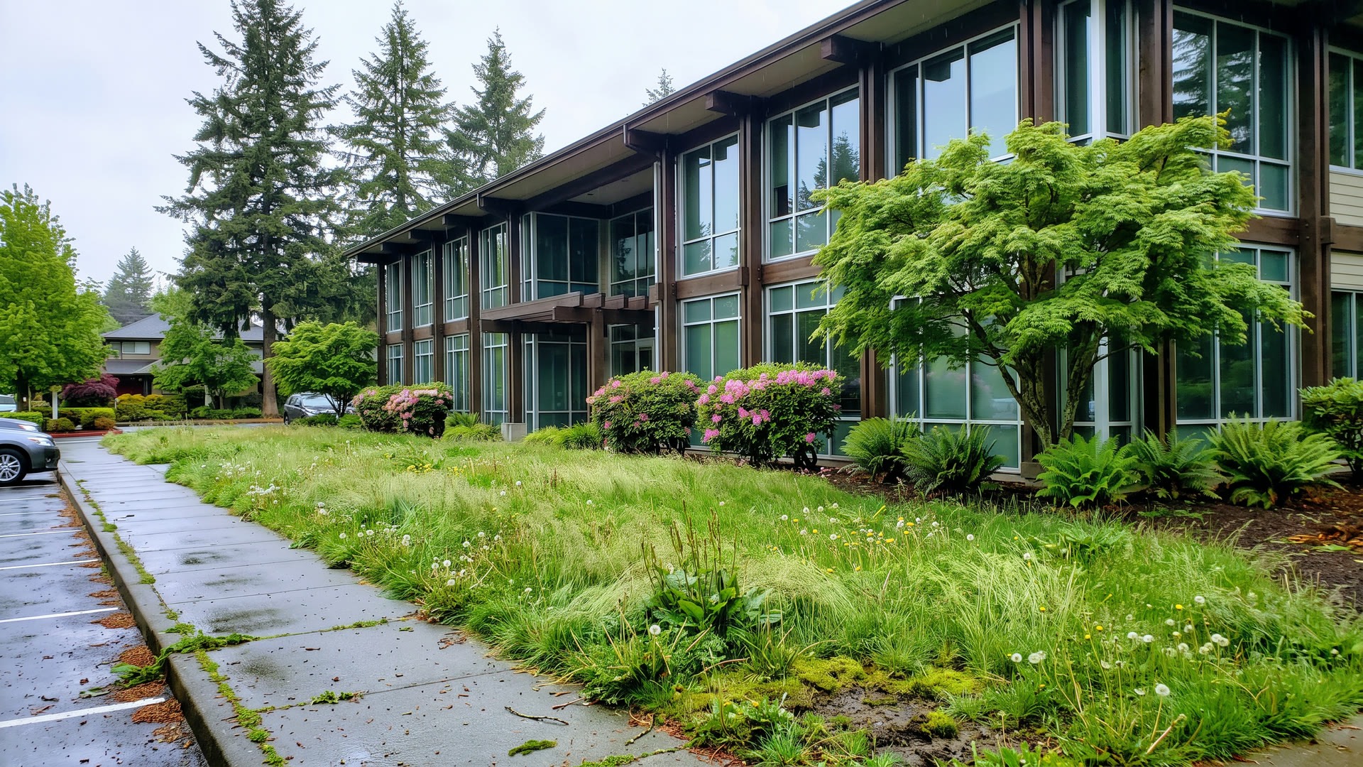 Commercial property before ManageMowed: patchy turf and overgrown beds