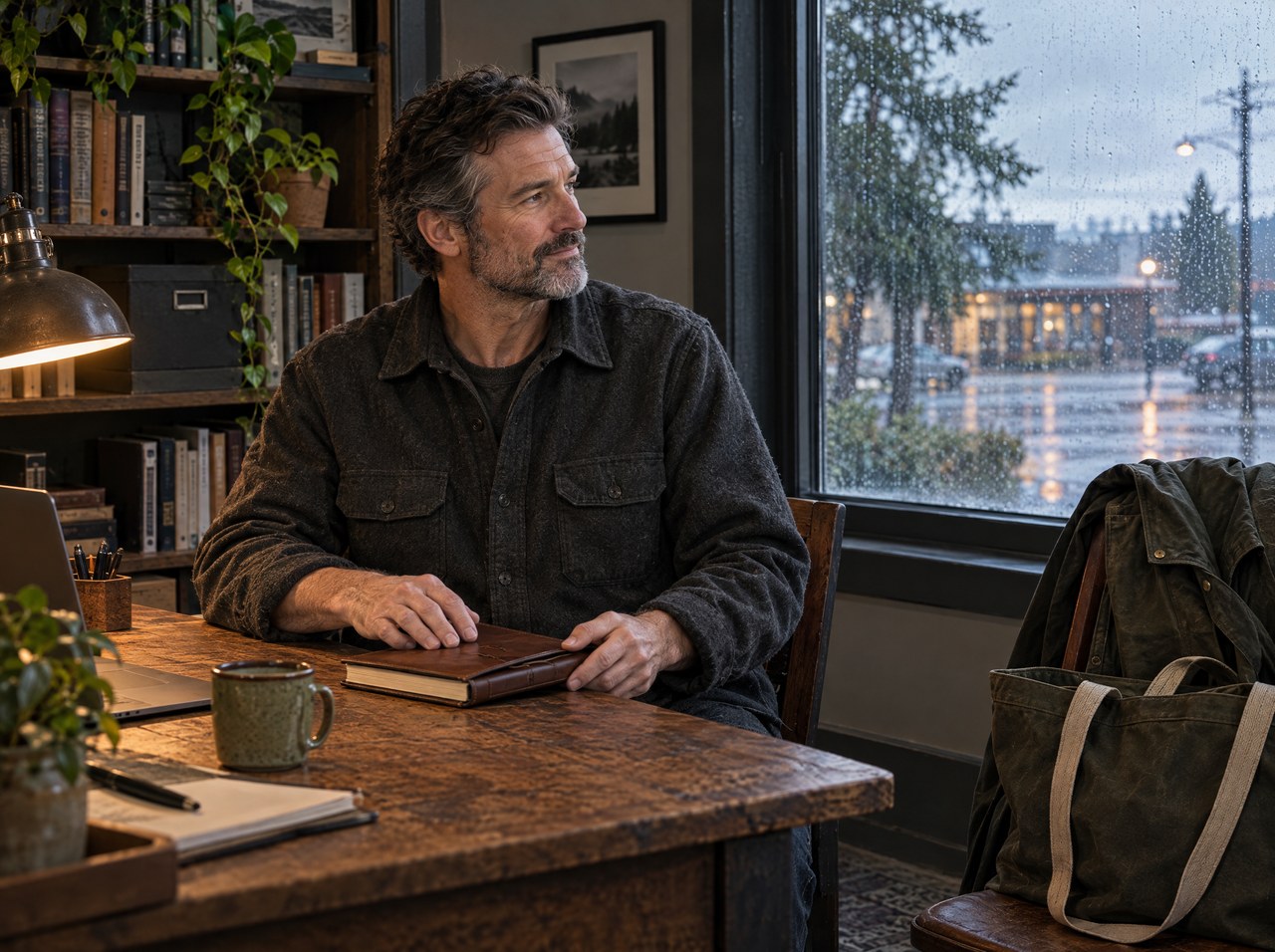 Illustrative owner closing a laptop at the end of a workday in the Pacific Northwest.