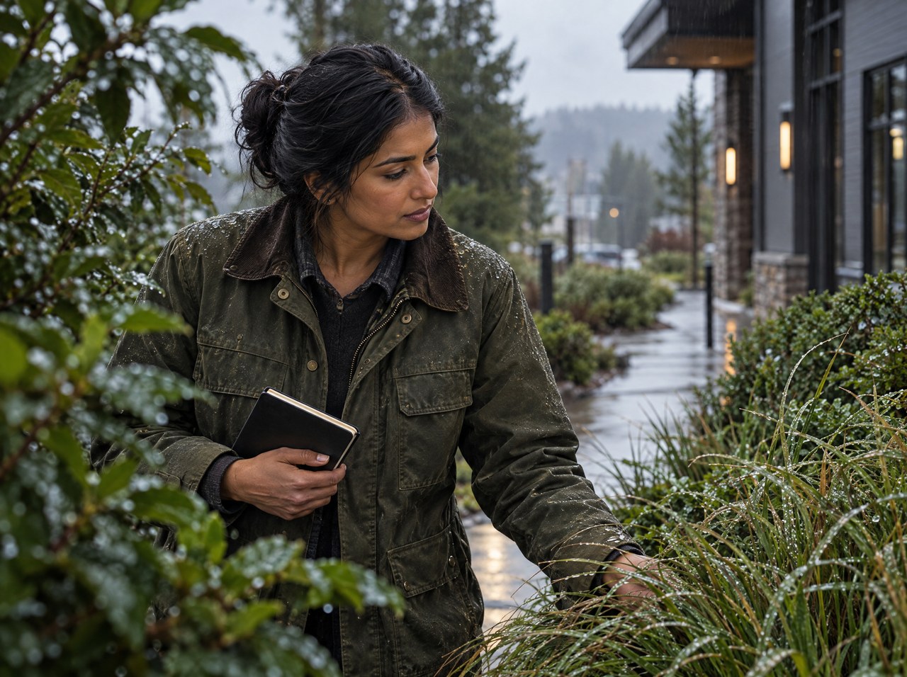 Illustrative scene: an owner checks the landscaping at a commercial property.