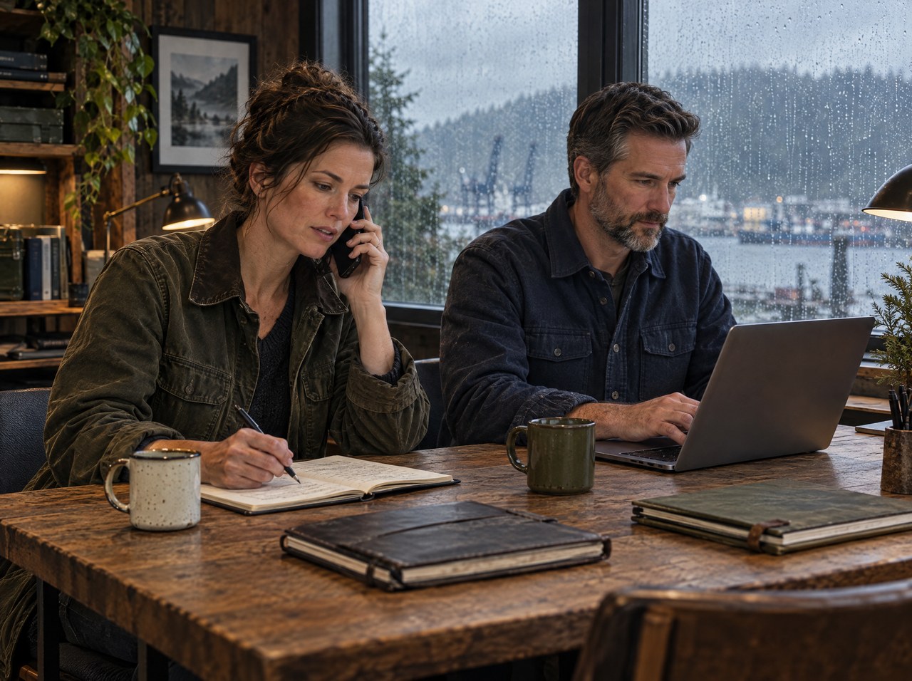 Illustrative scene: two colleagues manage calls and client work in a small office.