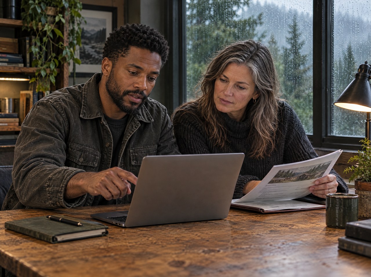 Illustrative scene: two business operators review a proposal and laptop together.